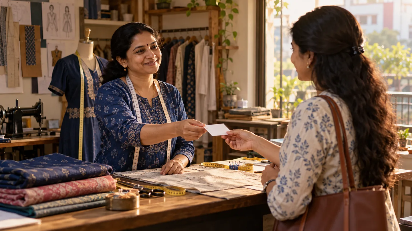 Tailor in an Indian studio offering a blank take-home card to a customer after a fitting