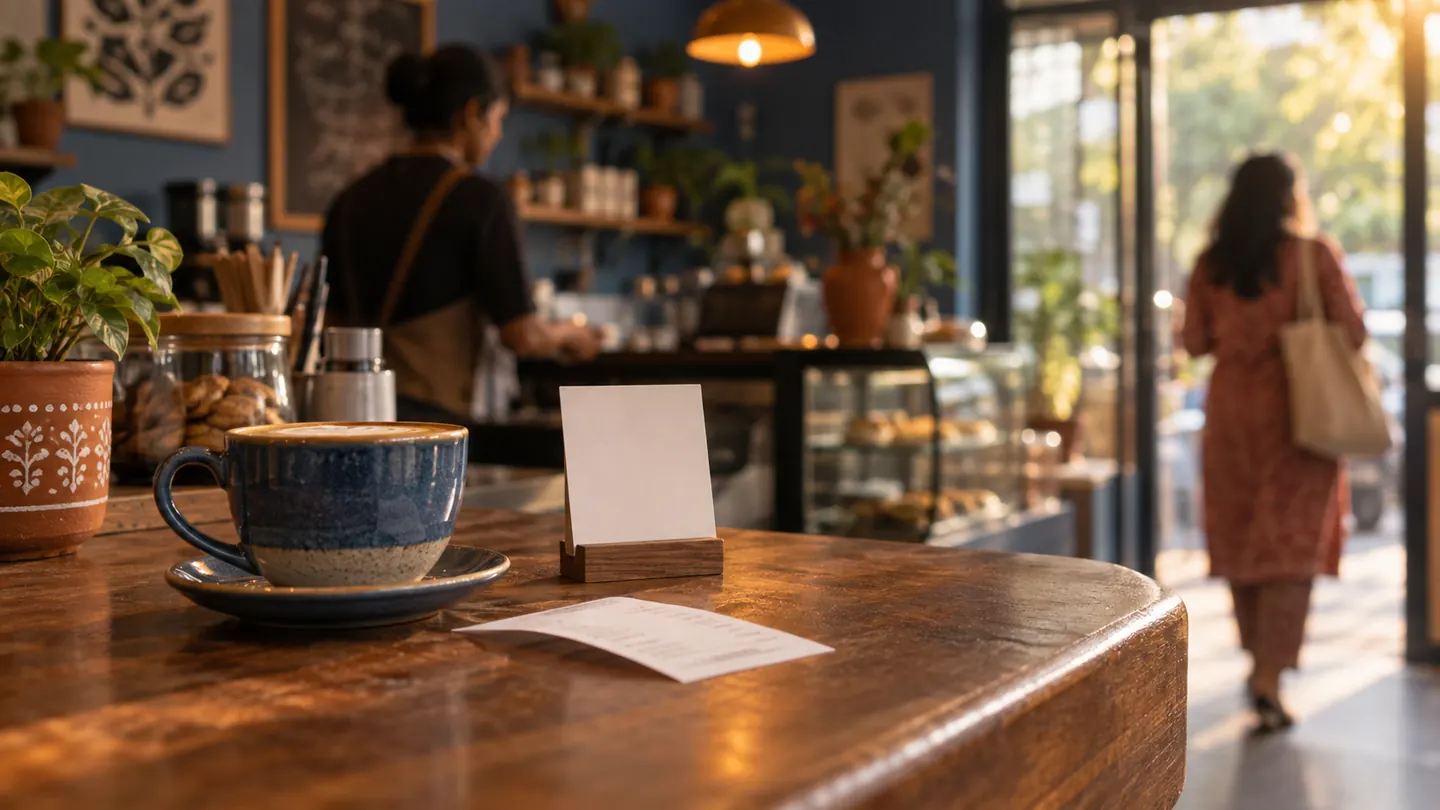 Quiet cafe counter with a cup, receipt and blank review card as a customer leaves