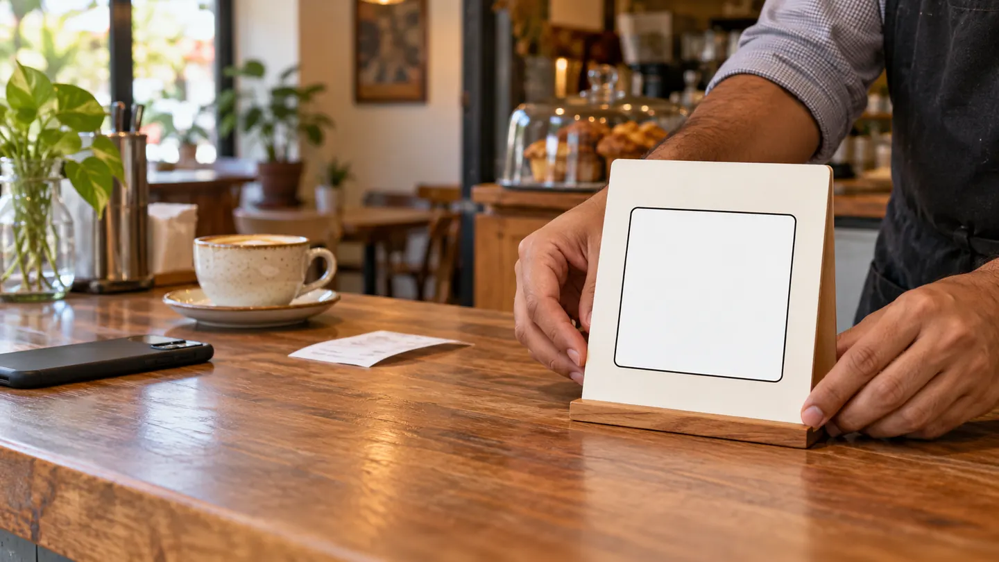 Cafe owner setting a blank square sign on a wooden counter before adding a real review QR code
