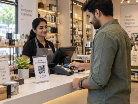 Shop counter stand with QR beside the till