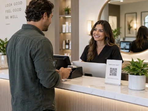 Reception desk with a small QR decal