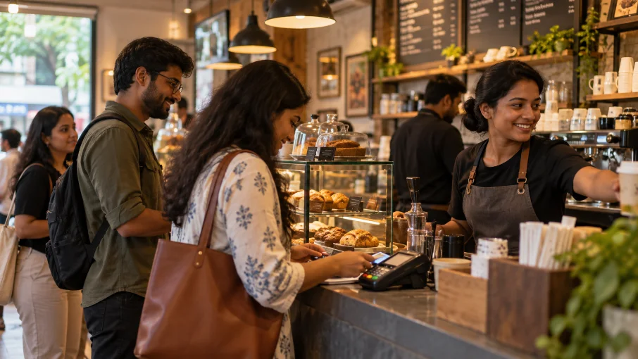 A busy cafe counter during service
