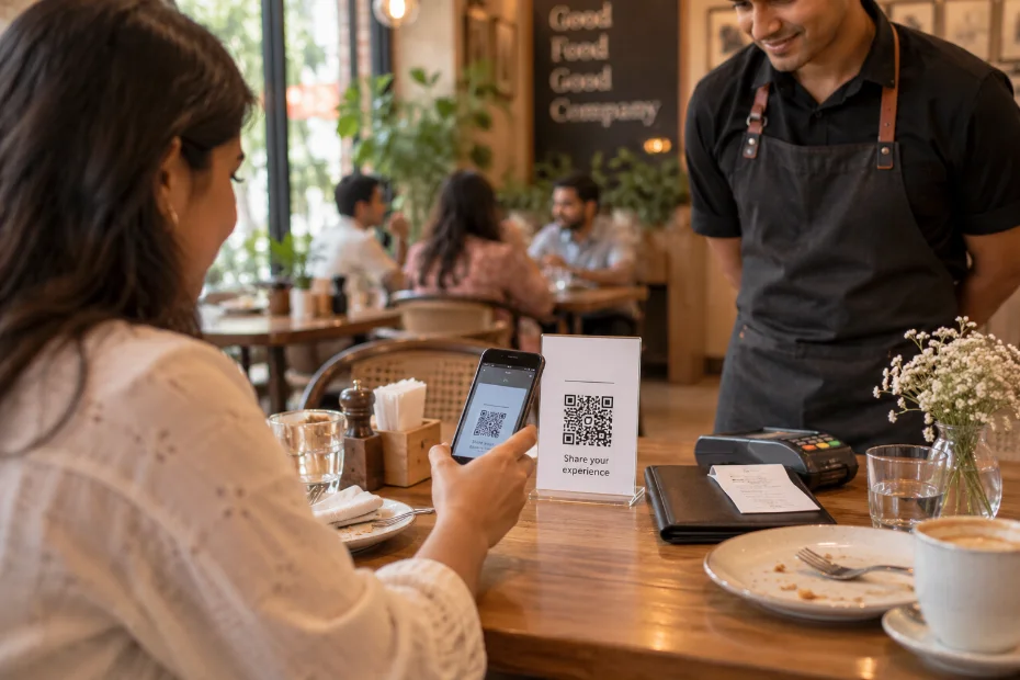 Café table with bill folder and ReviewIQ QR card, customer reaching for phone