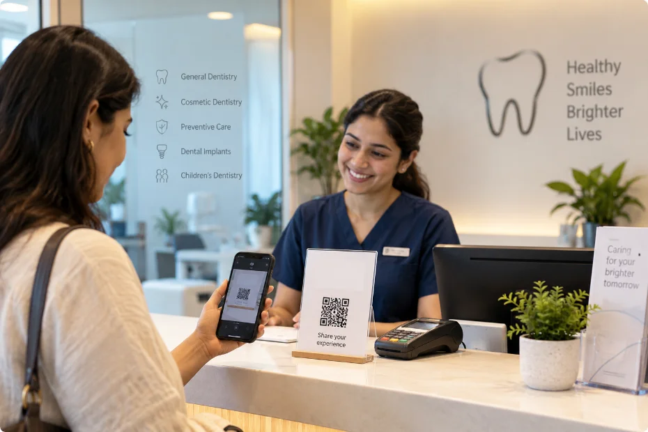 Clinic reception desk with QR card, patient checking out after an appointment