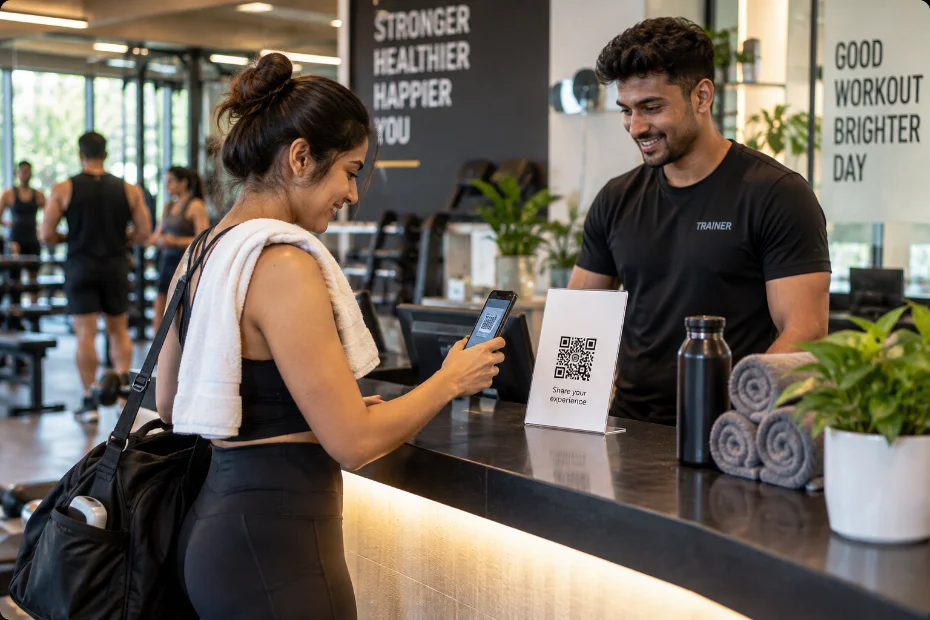 Gym front desk with QR card, member checking out after a class