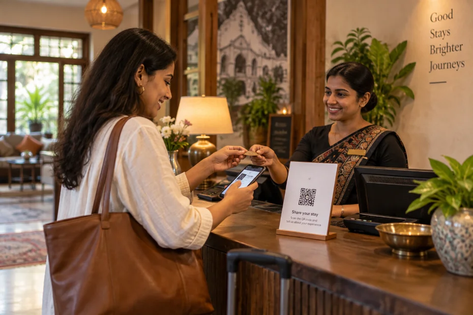 Hotel checkout desk with QR card, guest settling the bill