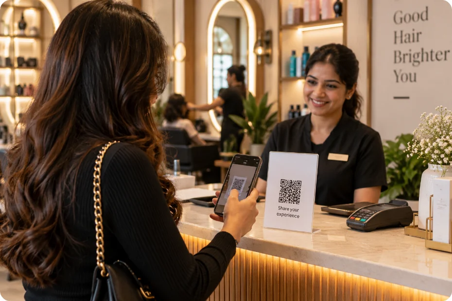Salon reception desk with QR card, client settling the bill after an appointment