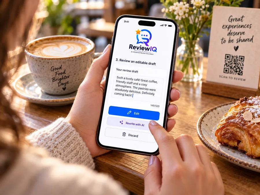 Customer reviewing an editable AI-assisted draft on the ReviewIQ screen