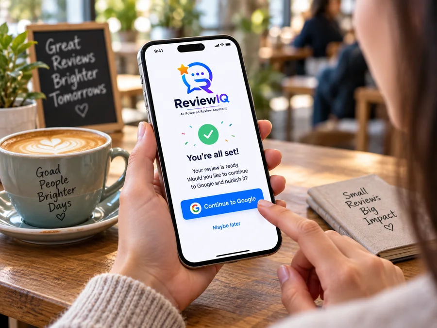 ReviewIQ confirmation screen with Continue to Google button