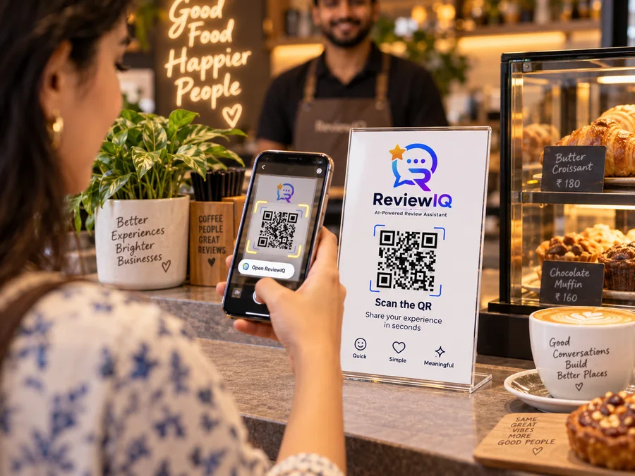 Customer scanning the ReviewIQ QR stand at a café counter